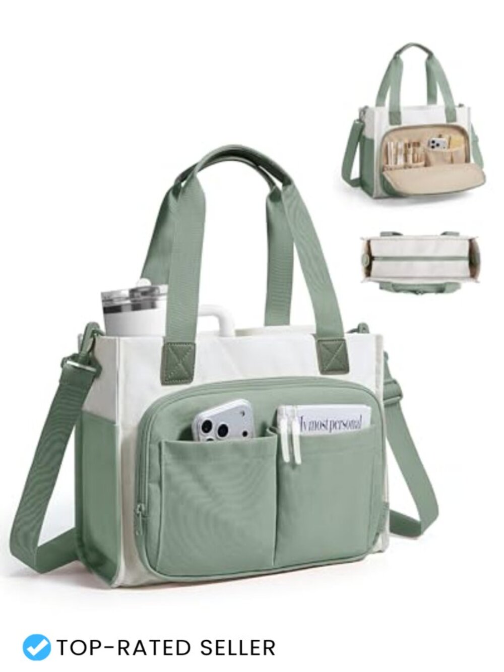Canvas Tote Bag for Women, 17 Pockets, Laptop Compartment, Travel Work Bag